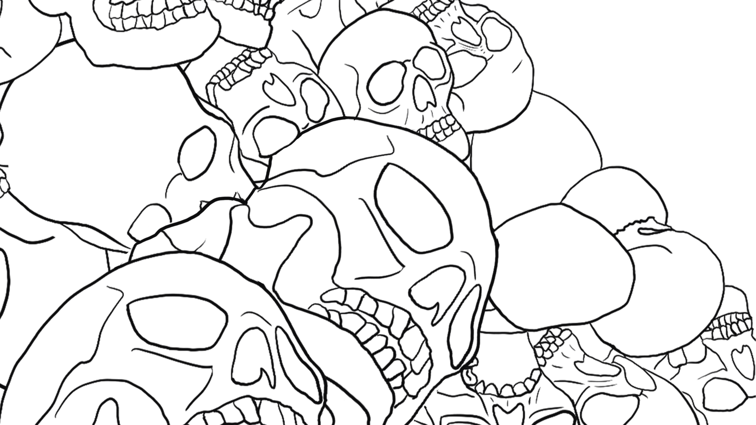 Black and white illustration of skulls with various designs on a white background